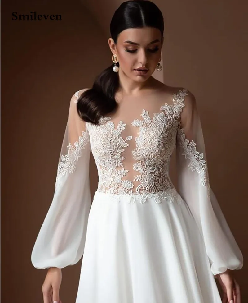 Gaun Pengantin Renda Bohemian Smilgaya A Line Puff Gaun Pengantin Sifon Lengan Panjang Kancing Belakang Vestido De Noiva 2021