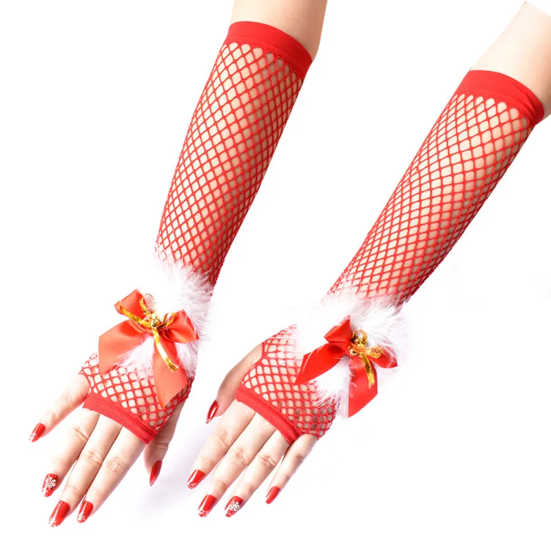 

Christmas Decorate Mesh Net Red Cosplay Party Gloves Women Sexy High Elasticity Soft Half Finger Dance Mittens