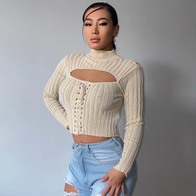 Maglia Top collo alto donna maglione manica lunga nuovo arrivo vestiti autunnali per le donne petto tagliato fasciatura filo solido bianco