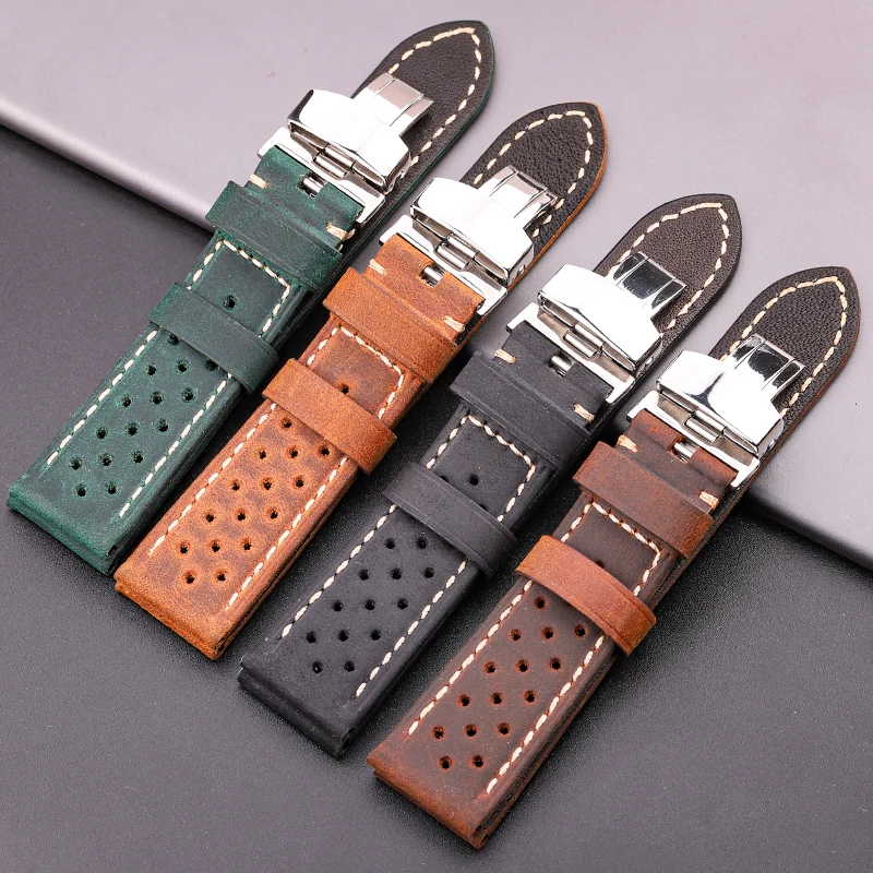 Premium Breathable Genuine Leather Watchbands 20mm 22mm 24mm Smart Watch Strap Brown Coffee Black Green Cowhide Band Accessories