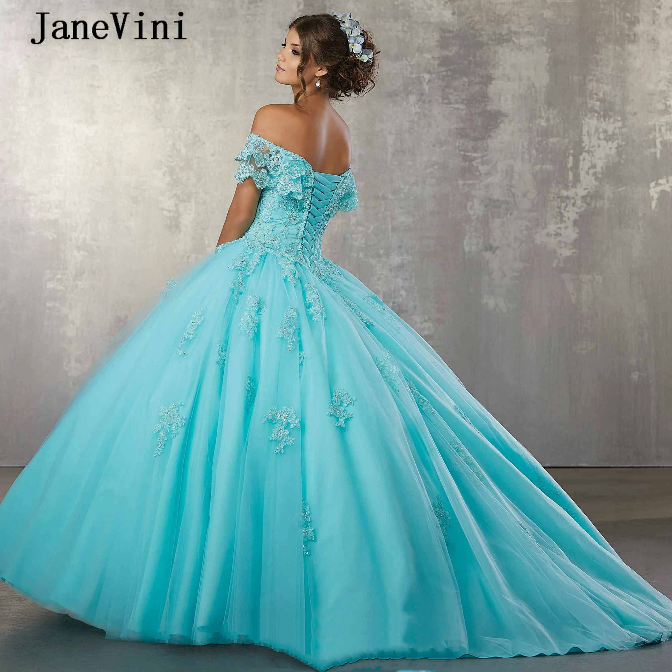 Janevini encantador vermelho longo quinceanera vestidos vestido de baile fora do ombro rendas apliques frisado inchado tule meninas doce 15 vestidos