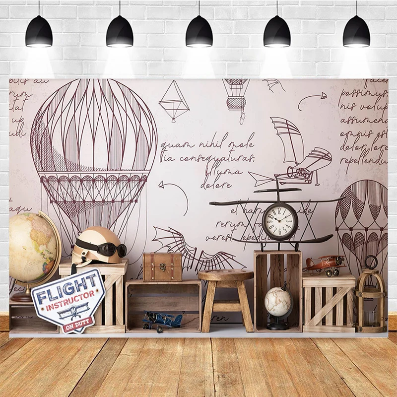 Mocsicka Baby Shower Photography Background Aviator Hat Hot Air Balloon Graffiti Decoration Child Portrait Photo Backdrop Studio