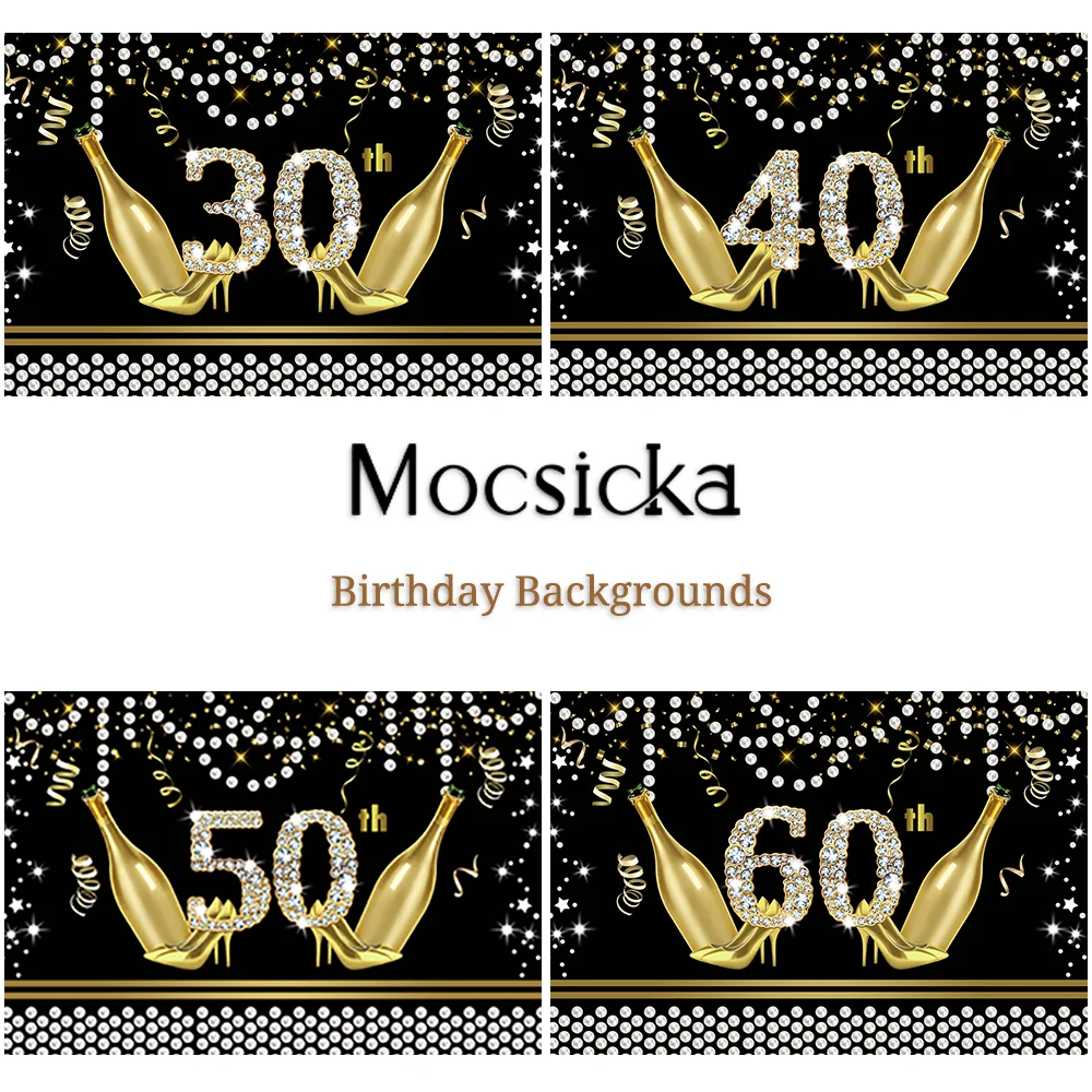 Mocsicka Happy Birthday Backdrop Glitter Champagne Pearl Party Decoration Photography Background Black Golden Banner Prop Studio