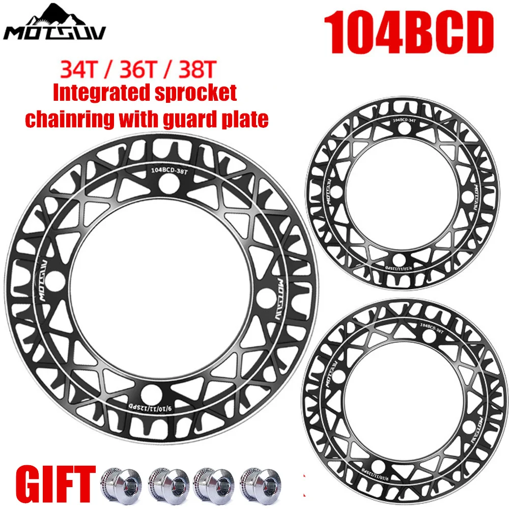 MOTSUV Bicycle 104BCD Crank Chainwheel 34T 36T 38T Integrated sprocket chainring with guard plate Protection Cover Bike Crankset