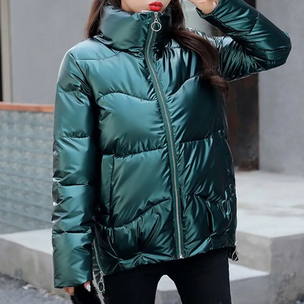 Side Zipper High Low Hem Women Coat Bright Surface Winter Women Stand Collar Puffer Jacket Outerwear