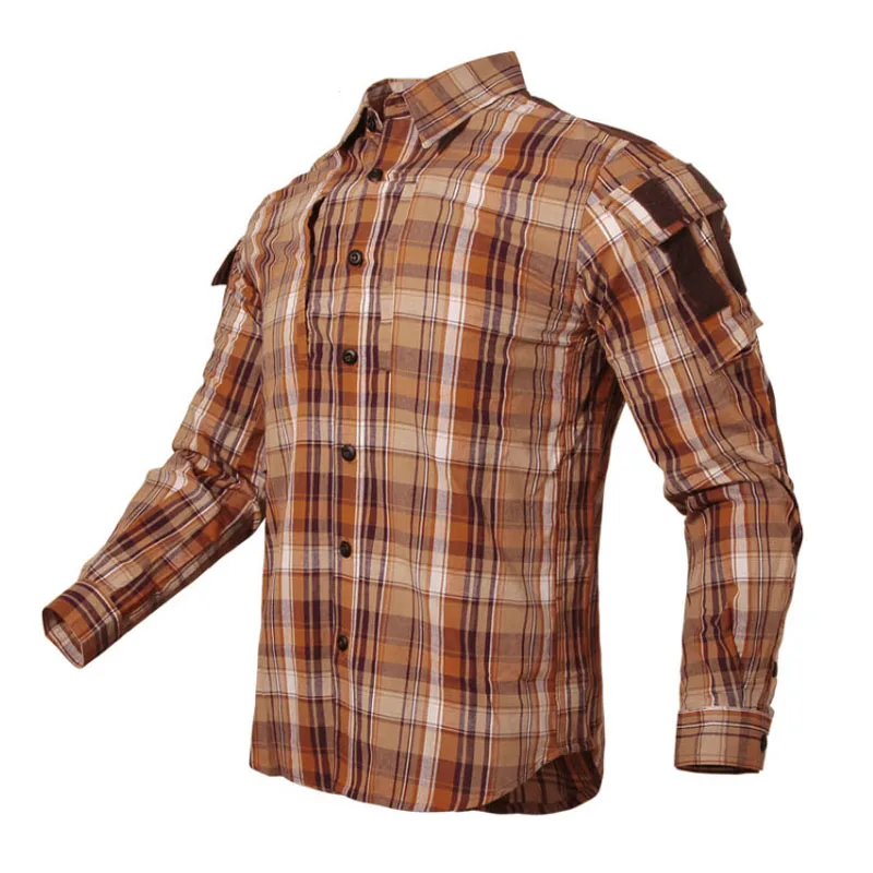 Men Long Sleeve Breathable Cotton Plaid Shirt Army Fan Plaid Tactical Shirt Women Outdoor Hiking Training Uniform Shirt