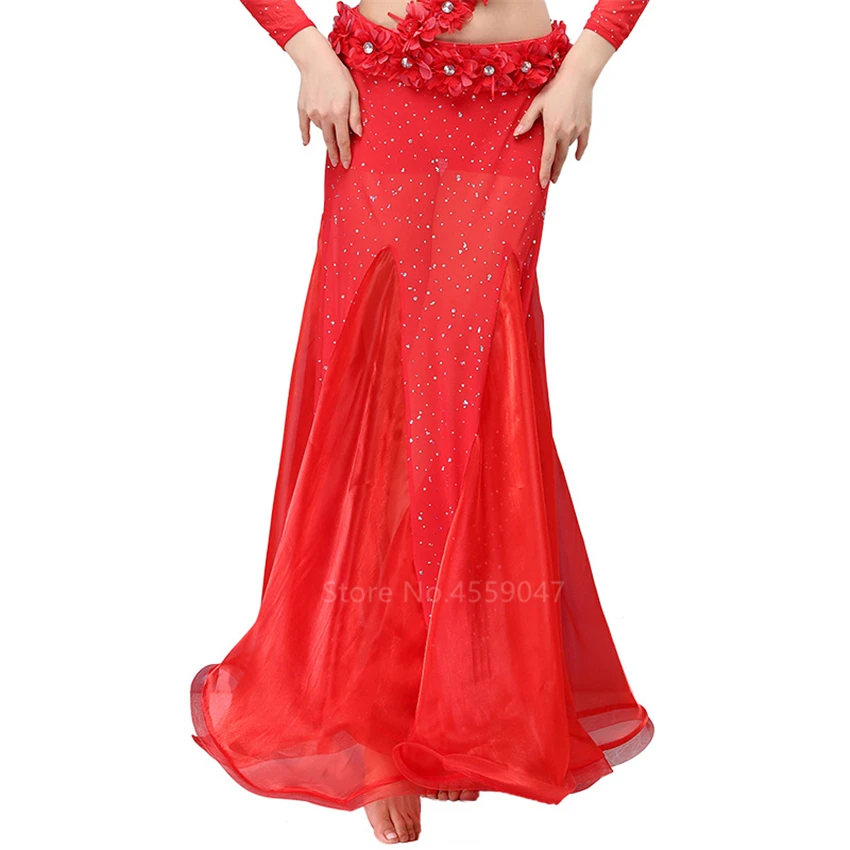 Women Spanish Flamenco Skirt Belly Dance Ballroom Wear Costume Stage Performance Patchwork Fancy Satin Gypsy Sequins Red Skirt