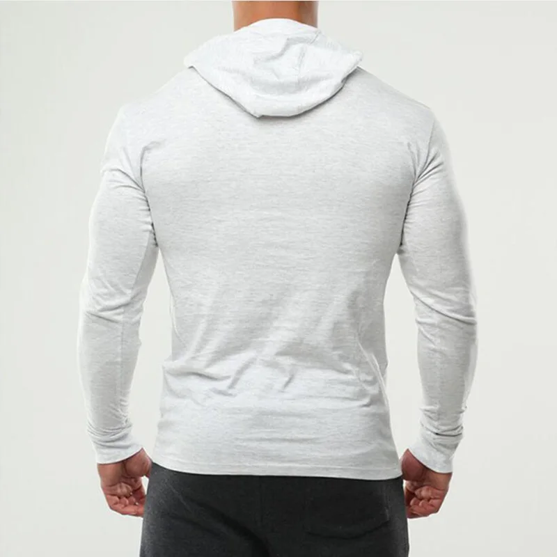 Brand Gym Clothing Solid Color Long Sleeve Hooded Slim Fit T Shirt Men Cotton Tee Shirt Bodybuilding Fitness Sportwear Tshirt