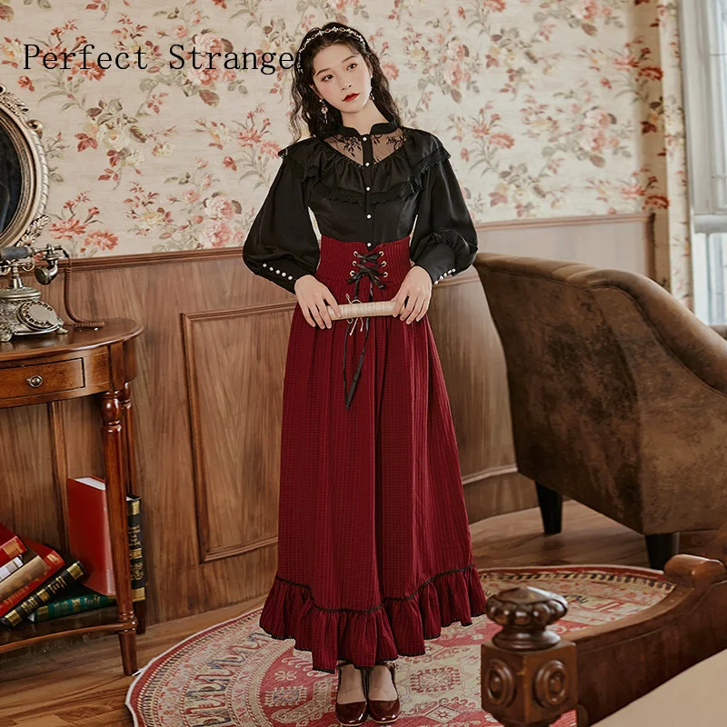 2021 Autumn Winter New Arrival High Quality  Retro Two Pieces Blouse +Long Cotton Skirt  Hot Sale Women Long Cotton Dress Suit