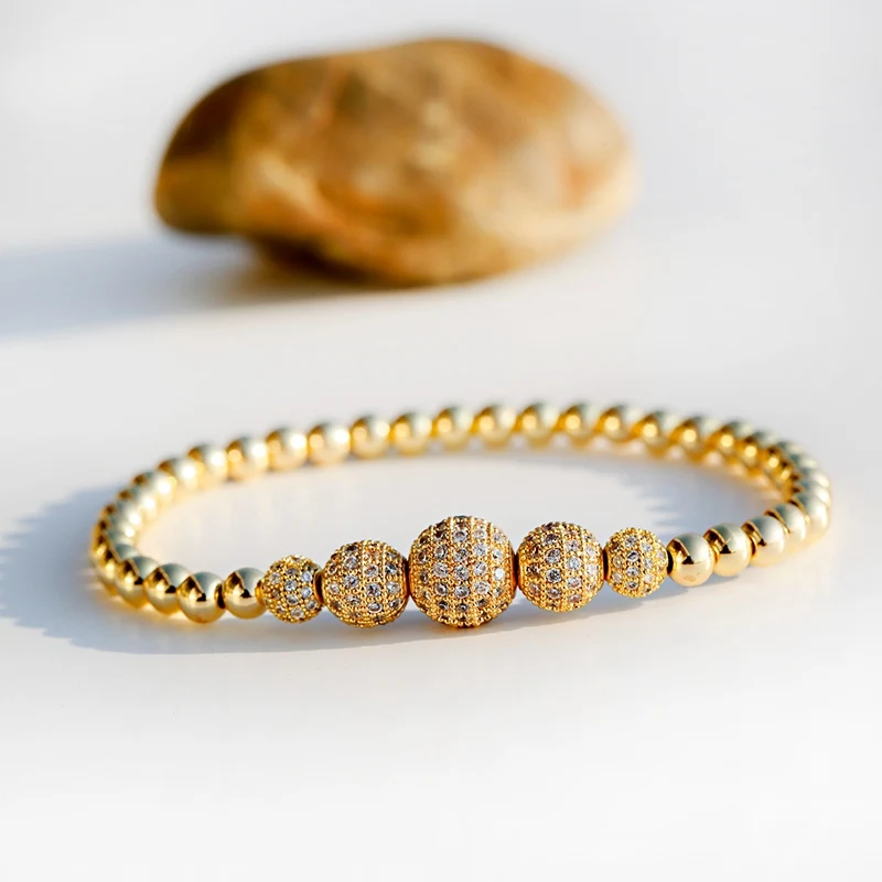 2020 Classic Gold Color Ball Copper Beaded Bracelet For Men Luxury White CZ Handmade Bracelet Women Jewelry
