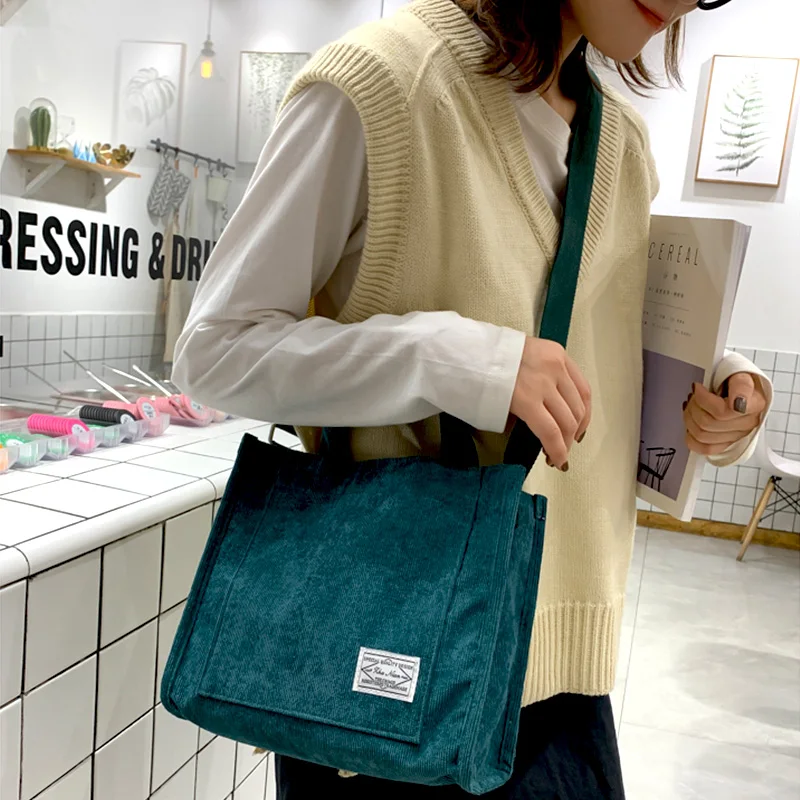 Women Corduroy Shoulder Bag Portable Small Cotton Canvas Handbag Casual Tote Female Eco Crossbody Bag Lightweight Shopper Bag