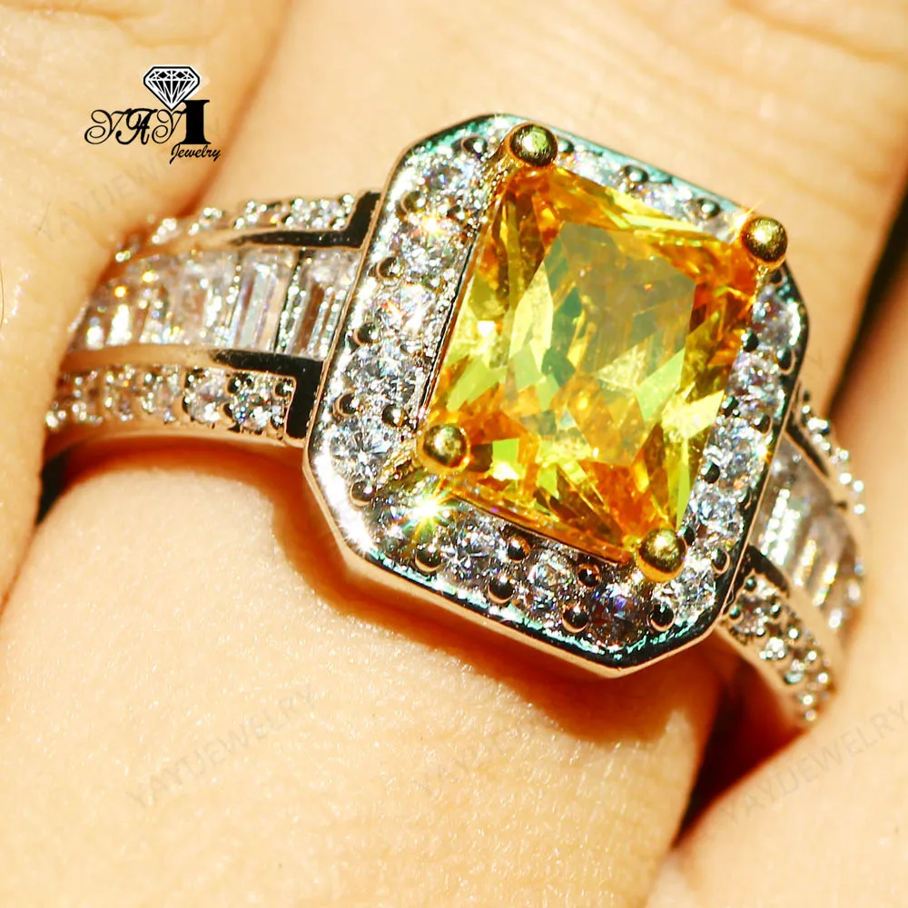 

YaYI Jewelry Fashion Princess Cut Prong Setting Yellow Cubic Zirconia Silver Color Engagement Wedding Party Leaves Gift Rings