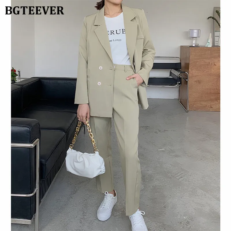 BGTEEVER Vintage Light Green Women Pant Suits Notched Collar Double Breasted Jacket & Straight Pants Ladies 2 Pieces Blazer Set