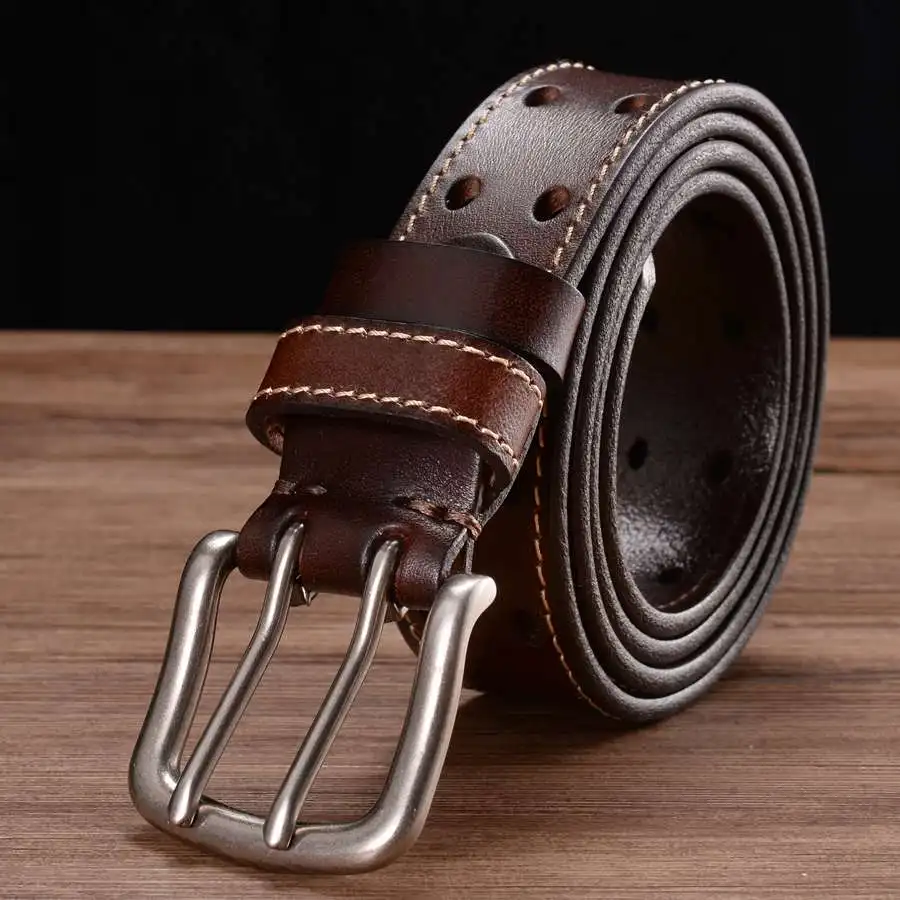 New Leather Belts for Men Classic Double Row Hole Belt Universal Hollowed Out Belt Jeans Men's Leather Double Prong Belt