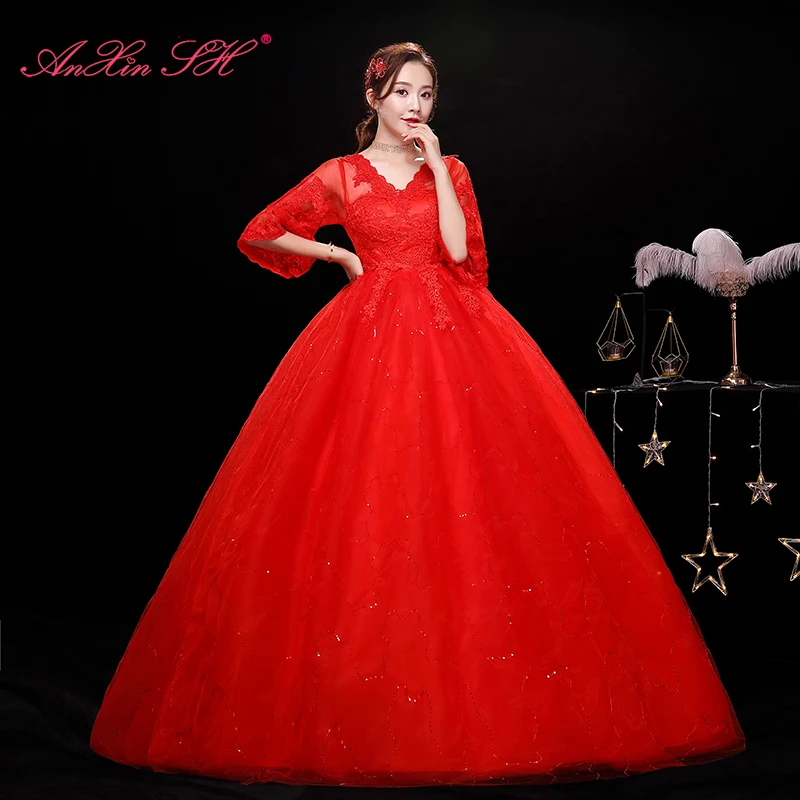 AnXin SH princess flower red lace ball gown party vintage v neck half sleeve white lace up red customized wedding dress