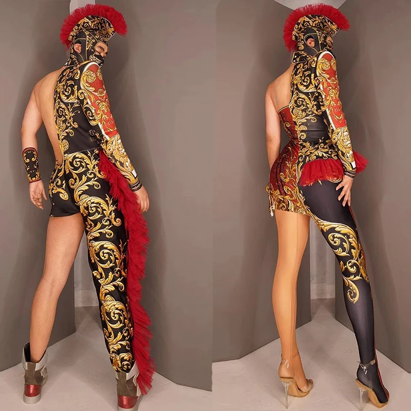 red Print 2 item jumpsuit and headdress party club sexy Women man drag queen Performance Costumes Stage Dance Jumpsuits designer