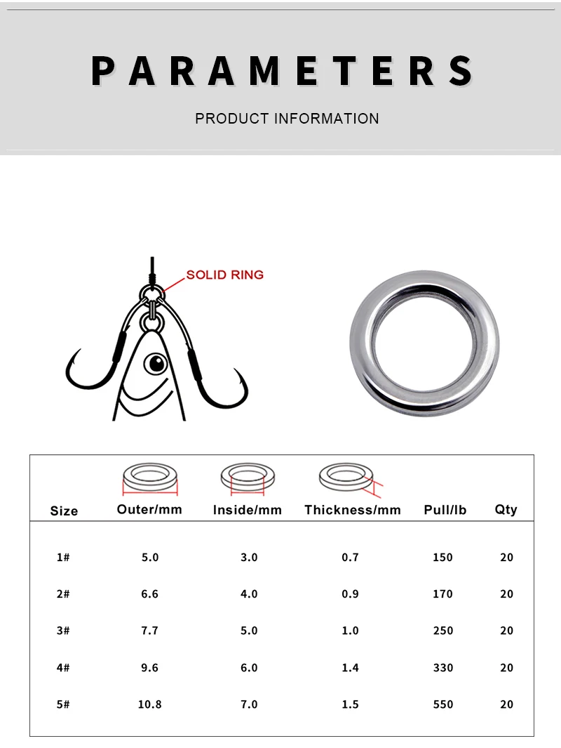 PROBEROS 20pcs 304 Stainless Steel Fishing Solid Rings 1#-5# Heave-Duty Seamless Rings Metal Polishing Jig Fishing Rings Tackle