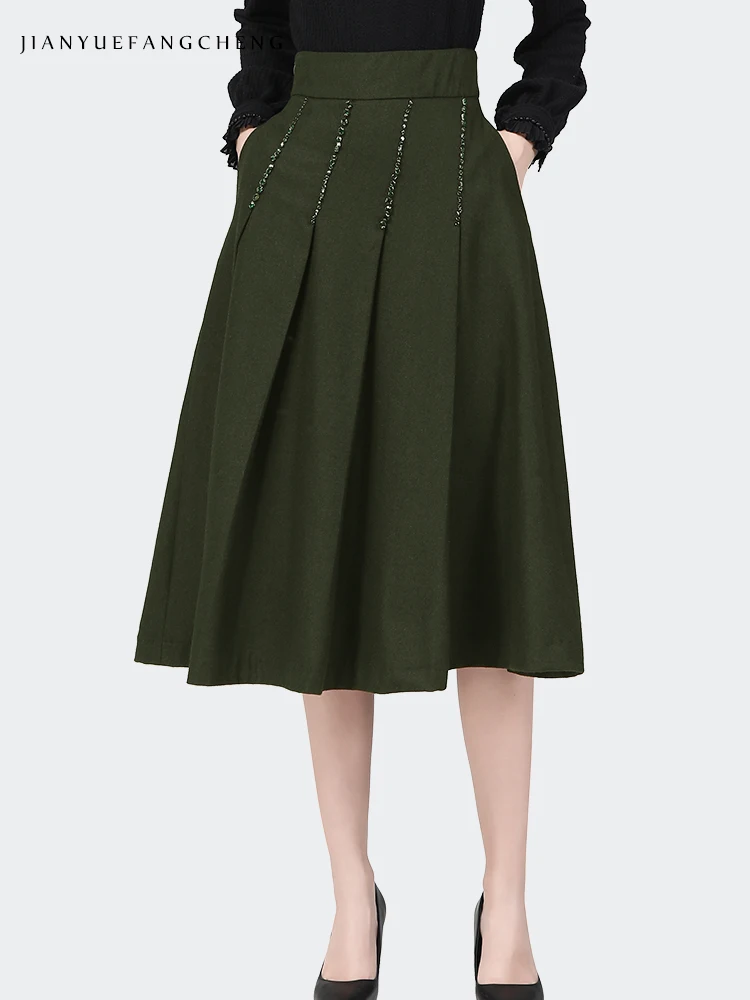 Luxury Gemstones Beading Women Woolen Skirt Solid High Waist Mid-Length A-Line Winter Wool Pleated Skirts 2021 New Elegant Skirt