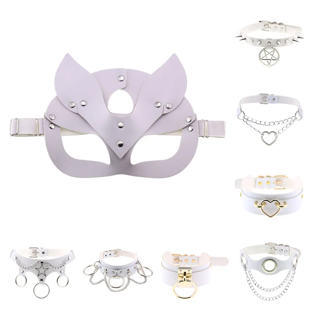 White Sexy Costumes of Leather Erotic Cat Eye Ears Half Face Mask Accessories for Women Collar Fetish Bdsm Bondage Flirt Sex Toy