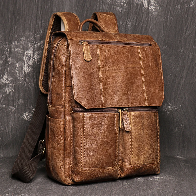 Nesitu Highend New A4 Brown Black Vintage Genuine Leather 14'' Laptop Women Men Backpack Cowhide Male Travel Bags M1511