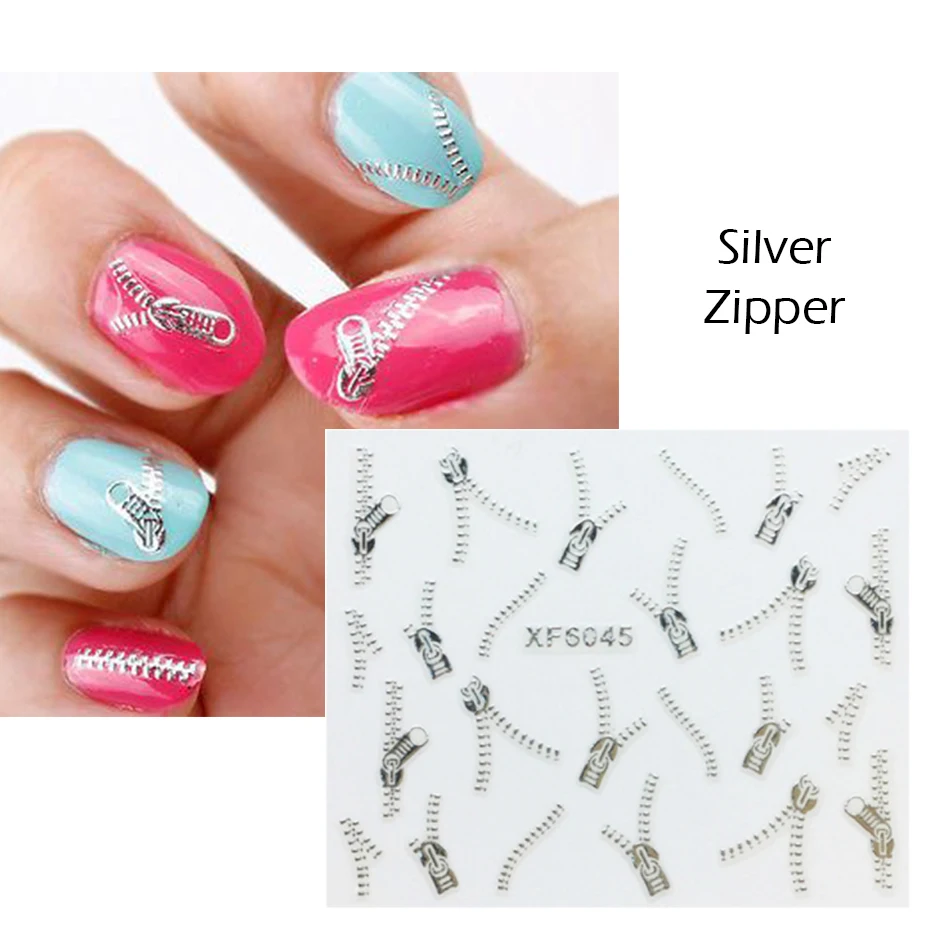 Altın fermuar Nail Art etiketler seksi ağır Metal tasarım gümüş zincir gotik mektup çıkartmaları cadılar bayramı manikür aksesuarları LEXF6021