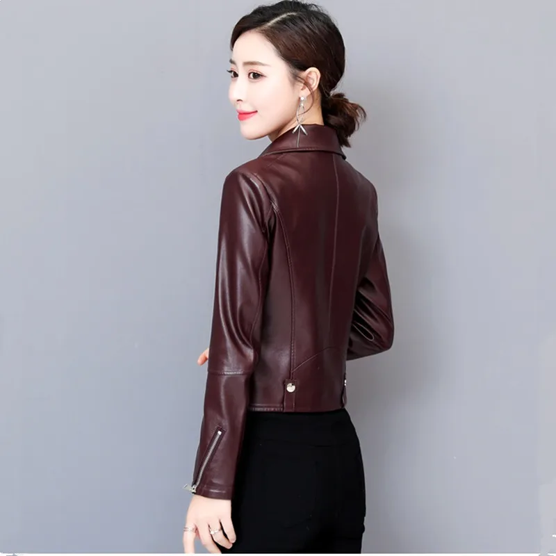 UHYTGF Genuine sheepskin leather autumn leather jacket women zipper V-neck slim Female short coat 4XL Big size biker jacket 823