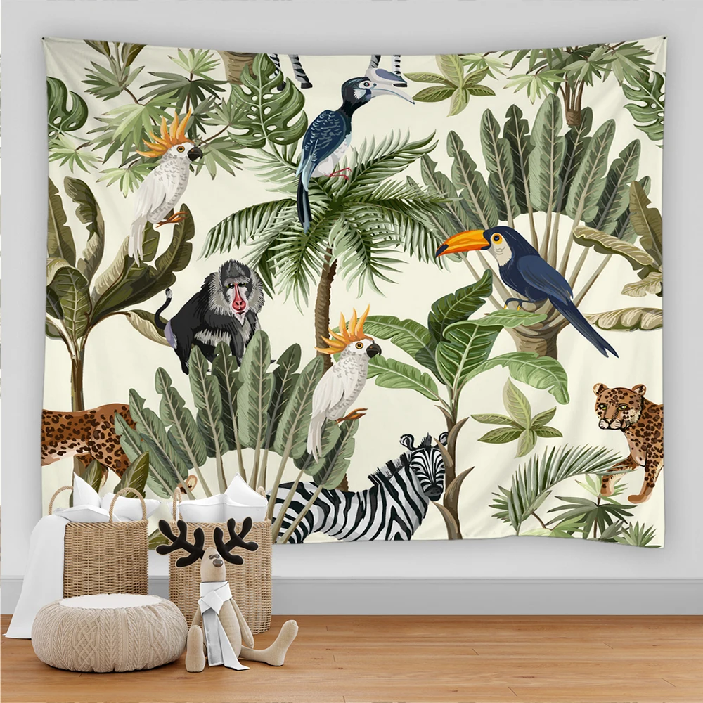 Palm Tree Tapestry Wall Hanging Tropical Leaves Flowers Beach Wall Tapestry Animal Birds Backdrop Wall Cloth Carpet Tapestries