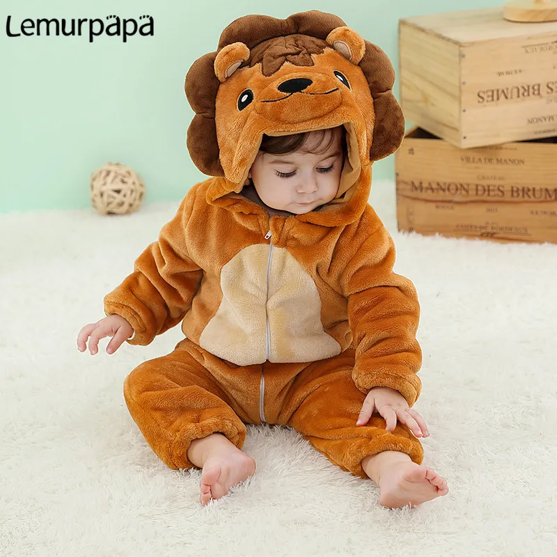 Baby Boys Girls Thicken Onesie Infant Winter Warm Zipper Hoodie Jumpsuit Anime Cartoon Lion Rompers Pajamas