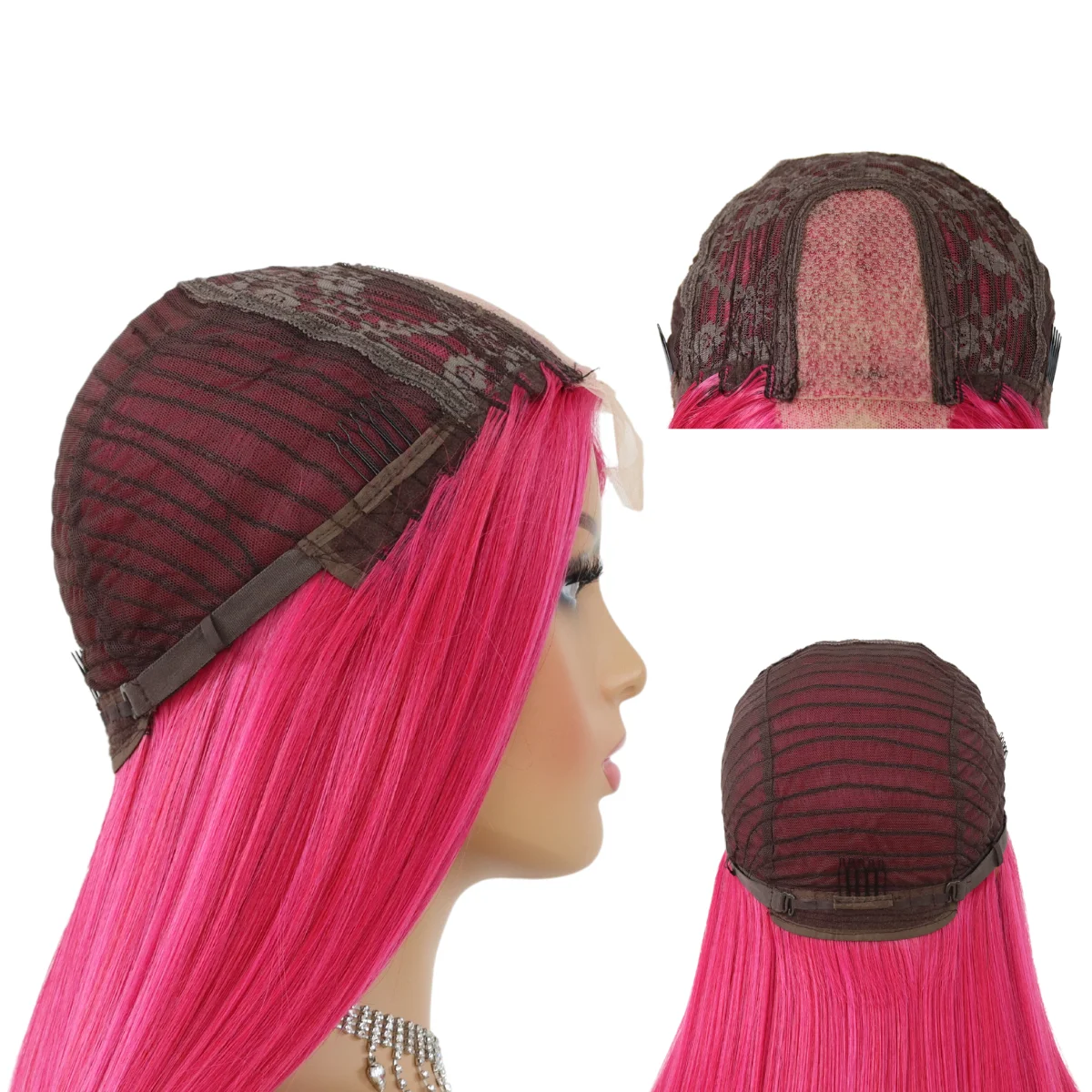 SALLYWELL Long Straight Hair Raspberry Pink Color Natural Hair Line  Lace Wigs for Fashion Women Heat Resistant Synthetic