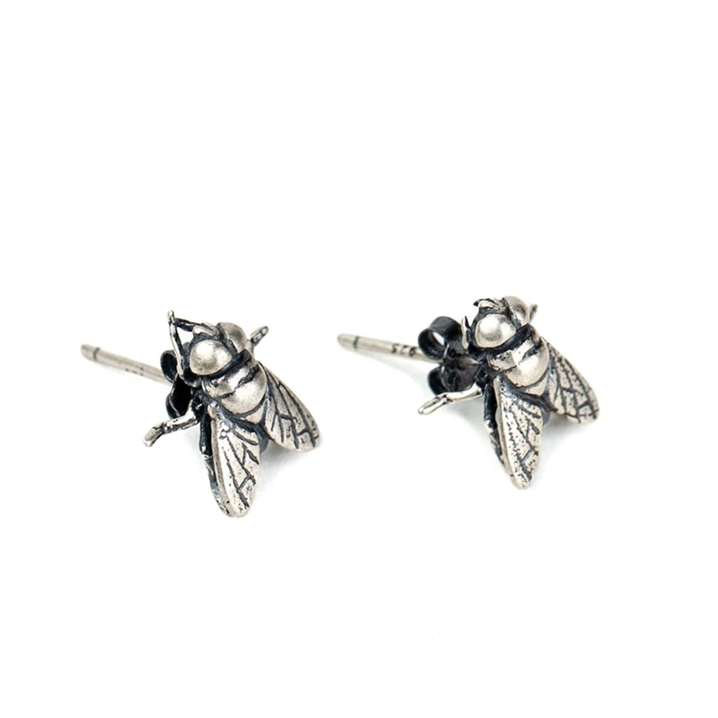 MKENDN Personality Funny Flies Stud Earrings For Men Women 925 Sterling Silver Punk Street Ear Studs Bijoux Anti-allergy Jewelry