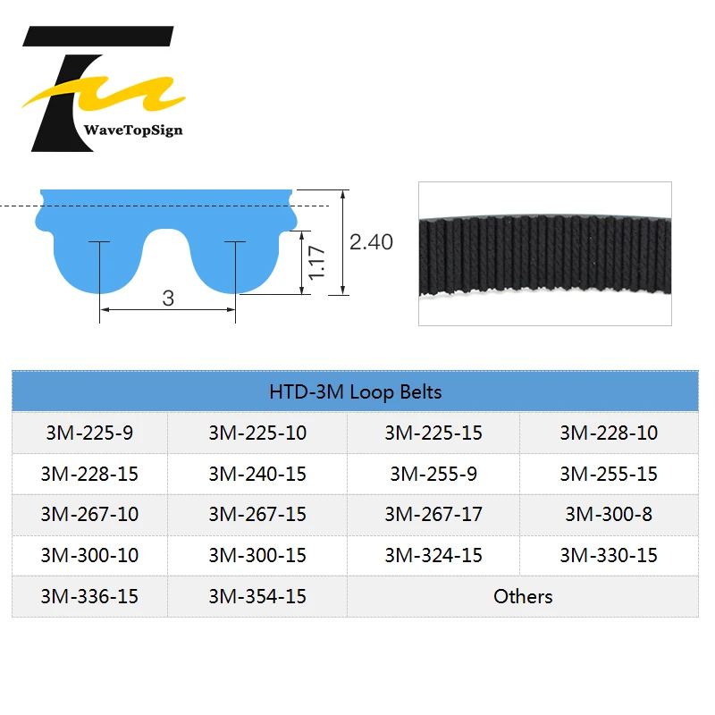 HTD 3M sabuk transmisi waktu Loop tertutup sabuk lingkar 225 228 255 267 300 324 330mm lebar disesuaikan 8 9 10 15 17mm