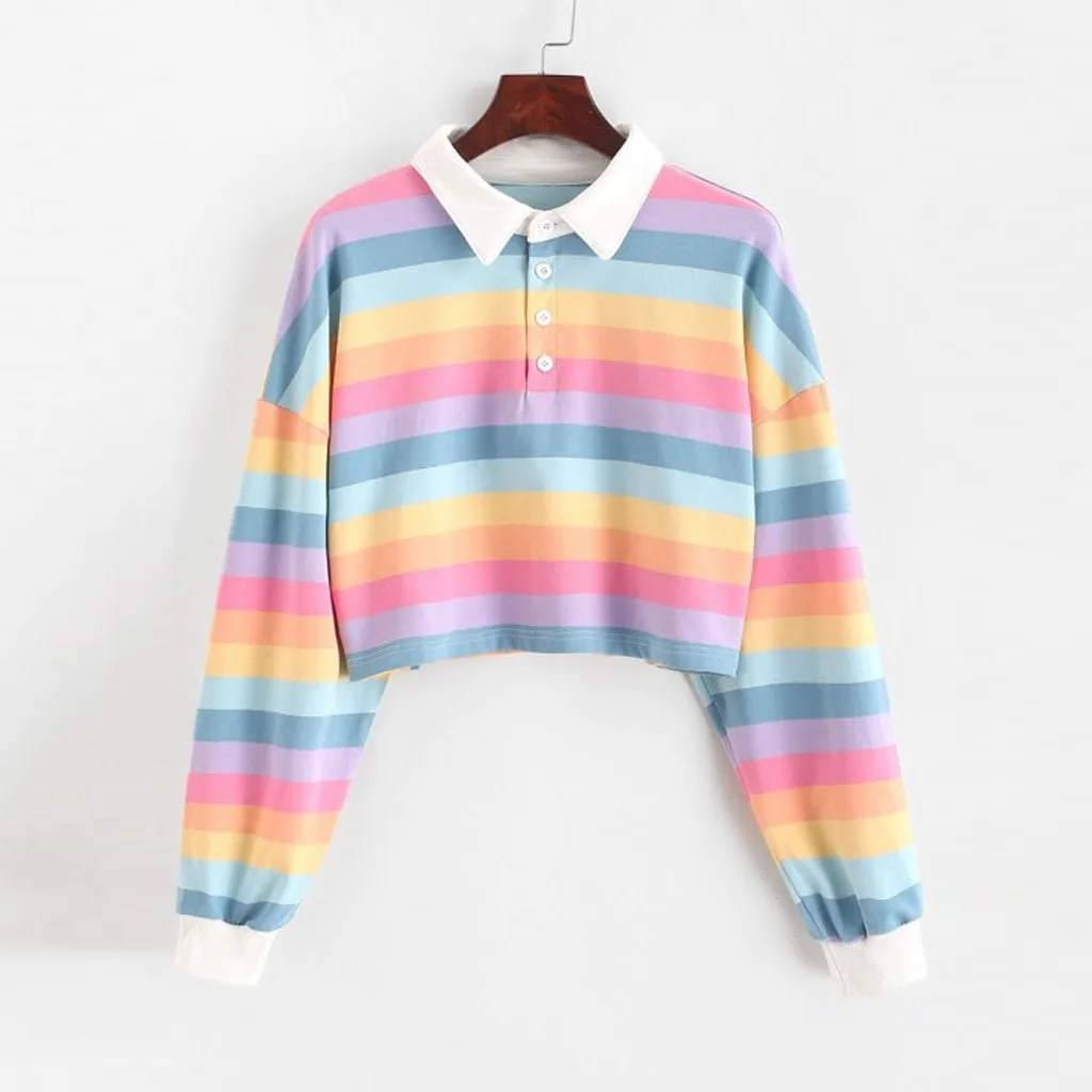 Fashion Winter Women Rainbow Striped Hoodies Pullover Sweatshirts Harajuku Long Sleeve Hoody Female Autumn Crop Tops Basic Tops