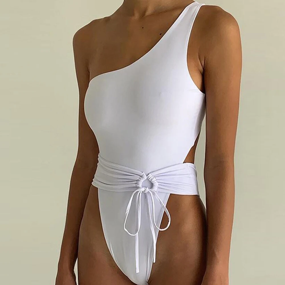 ZTVitality Swimwear Women 2020 Hot Sale One-Shoulder Padded Bra White One Piece Monokini Belt Bandage Sexy White Swimsuit Female