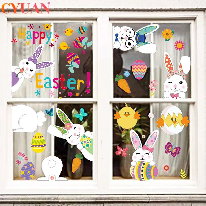 Happy Easter Window Stickers Rabbit Easter Eggs Carrot Chick Glass Sticker Easter Party Wall Sticker Easter Decorations for Home