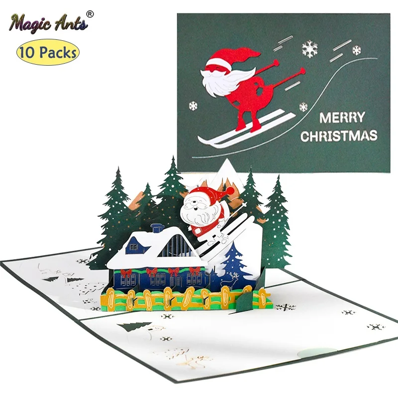

10 Pack Holiday Card Merry Christmas Gift New Year 3d Santa Claus Skiing Xmas Greeting Cards Wholesale Supplier