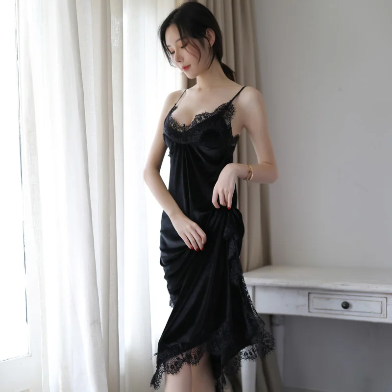 Sexy Gold Velvet Suspenders Deep V Side Split Lace Stitching Long Comfortable Nightdress Nightgown Suit ML 5colors