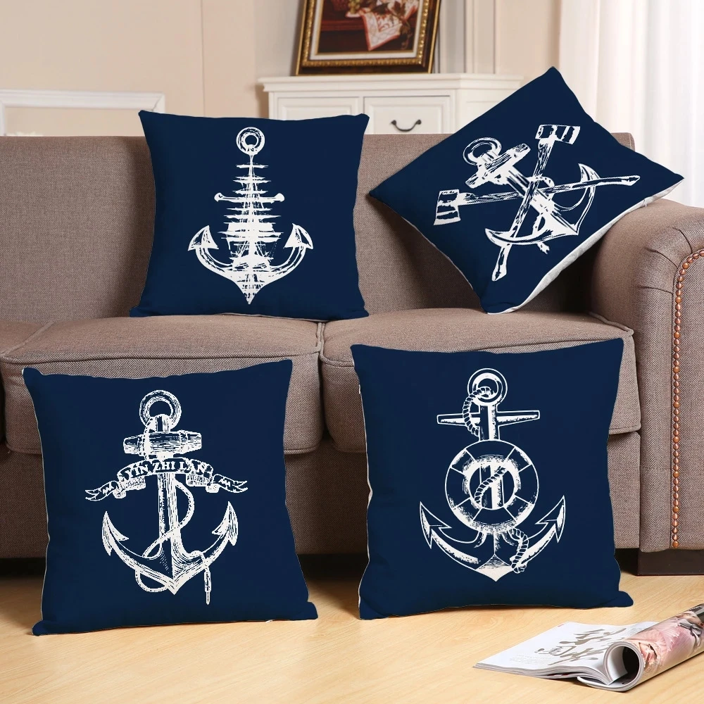 Blue Sea Compass Anchor Cushion Shell Starfish Pillows Mediterranean Throw Linen Pillowcase Home Decorative Decor Sofa Cushions