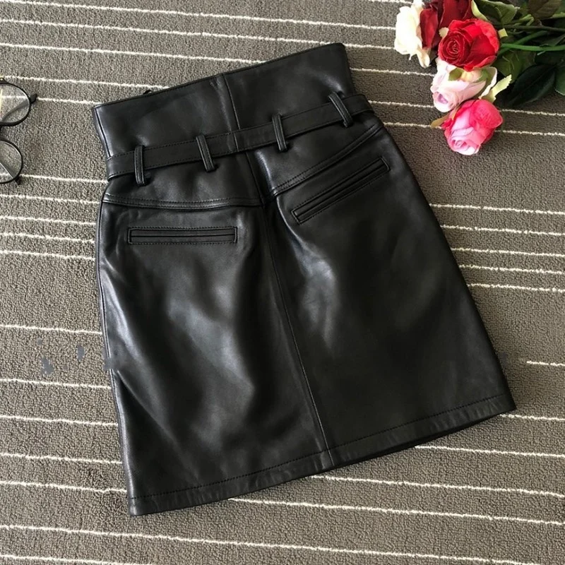 Genuine Runway Leather Skirt Women Streetwear High Waist Sheepskin Short Skirt Zipper Black Party Office Lady Wrap Mini Skirt