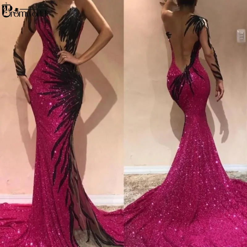 

Sexy Mermaid Evening Gown Fuchsia Long Dresses Evening One Shoulder Appliques Sequins Prom Dress Party robe de soiree longue