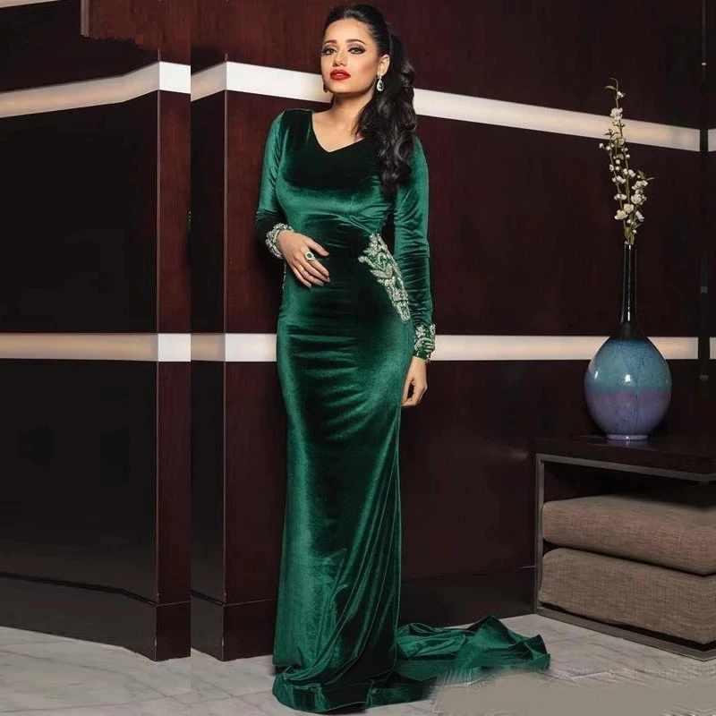 

Green Moroccan Kaftan Caftan Muslim Evening Dresses Mermaid Long Sleeves Velvet Beading Dubai Arabic Turkey Abaya Islamic Gown