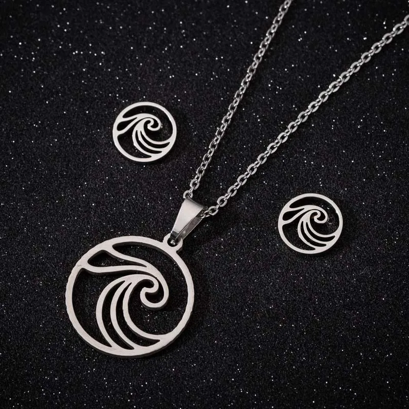 Hfarich Stainless Steel Classic Natural Element Sets Wave Snowflake Sun Flower Moon Lightning Star Pendants Chain Necklace Women