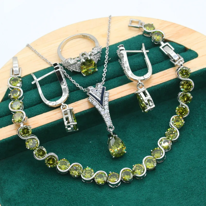 Green Peridot 925 Silver Jewelry Set for Women Wedding Bracelet  Hoop Earrings Ring Necklace Pendant  Gift