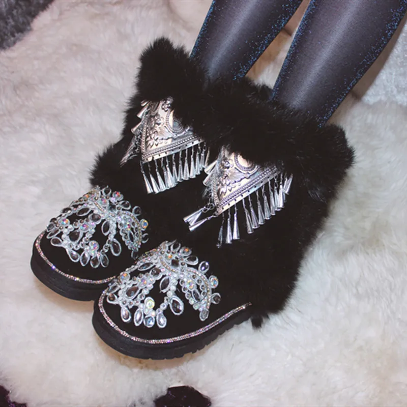 Handmade Silver Folk Bells Embellished  Snow Boots Woman Real Fur Suede Leather Eskimo Super warm Bling Rhinestones Winter Boots