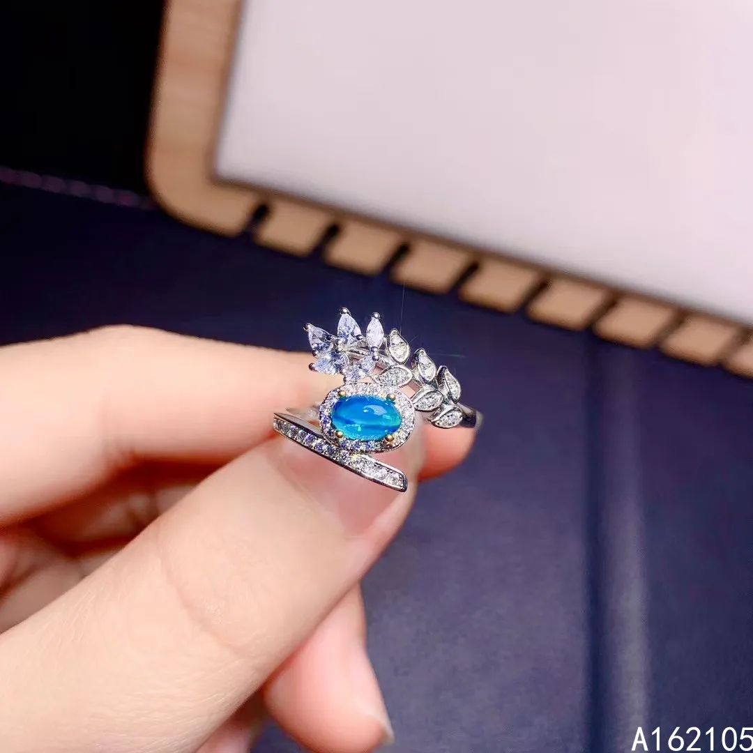 

925 Pure Silver Chinese Style Natural Blue Opal Women's Luxury Popular Plant Adjustable Gem Ring Fine Jewelry Support Detection