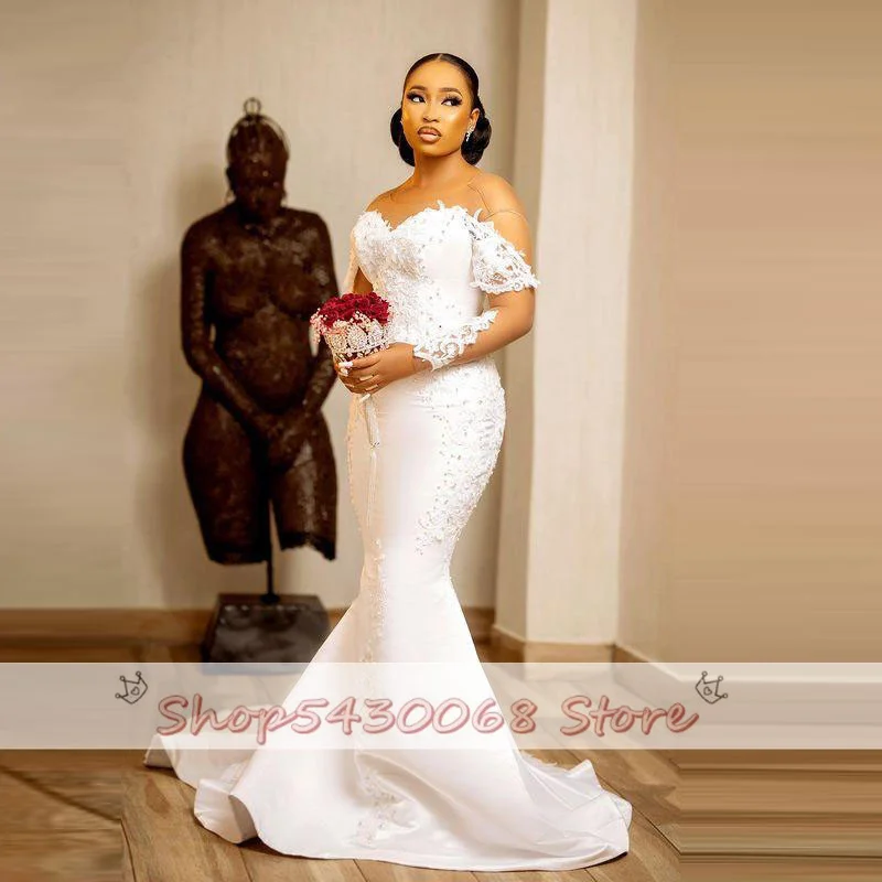 Aso Ebi Mermaid Trouwjurken Met Sheer Hals Illusion Lange Mouwen Bridal Dress Kant Applicaties Parels Vestido De Noiva