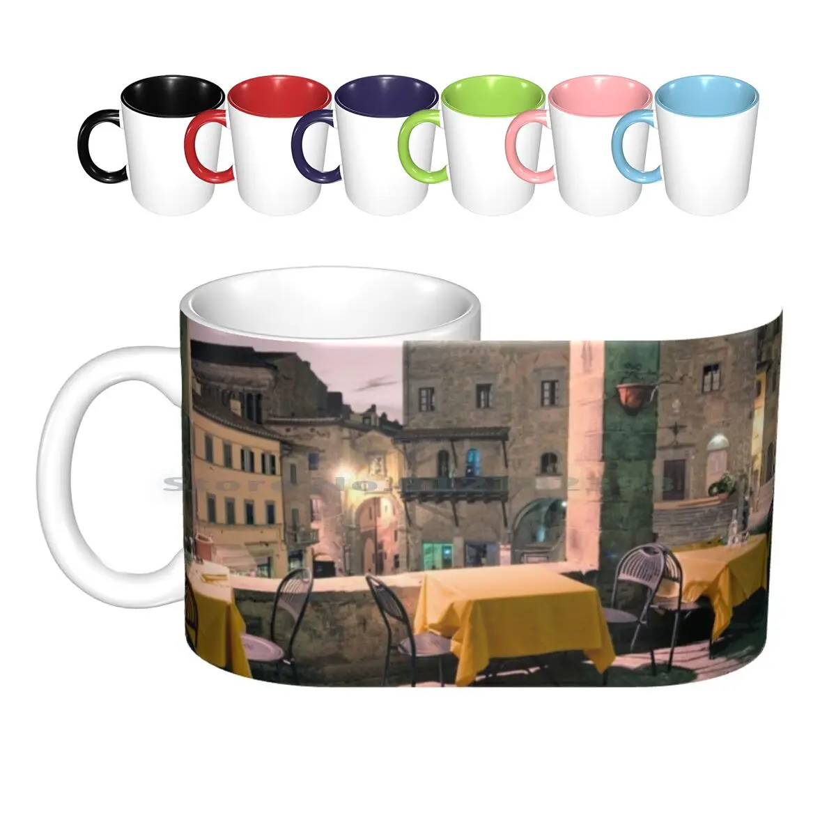 Dinner At Il Logiotto Ceramic Mugs Coffee Cups Milk Tea Mug Cortona Italy Tuscany Hilltown Tuscan Ancient Brick Building Bunch