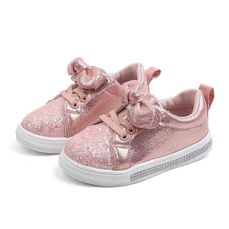 2020 Spring Autumn Girls Shoes Baby Sneakers Children Casual Shoes Fashion Bow-knot Glitter Leather Non-slip Flat Princess Shoes