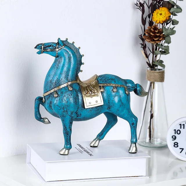 Chinese Blue Warriors Horse Resin Sculpture Office Bookcase Furnishing Decoration Home Livingroom Desktop Figurines Accessories