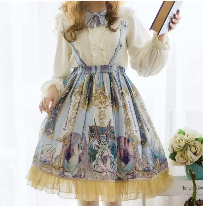 Japanese student sweet lolita dress vintage falbala bowknot high waist cute printing victorian dress kawaii girl gothic lolita