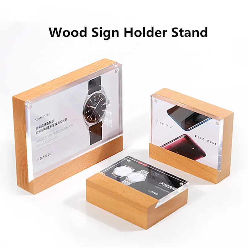 90x54mm Magnetic Mini Wood Price Tag Table Number Name Card Holder Tabletop Clear Acrylic Label Paper Sign Holder Display Stand